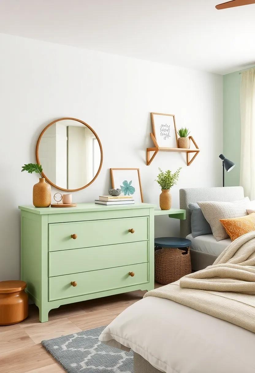Light Green ⁣Drawers with Creative Handles: Update a plain dresser with a coat of light ⁣green paint and trendy drawer pulls for a‍ fresh look
