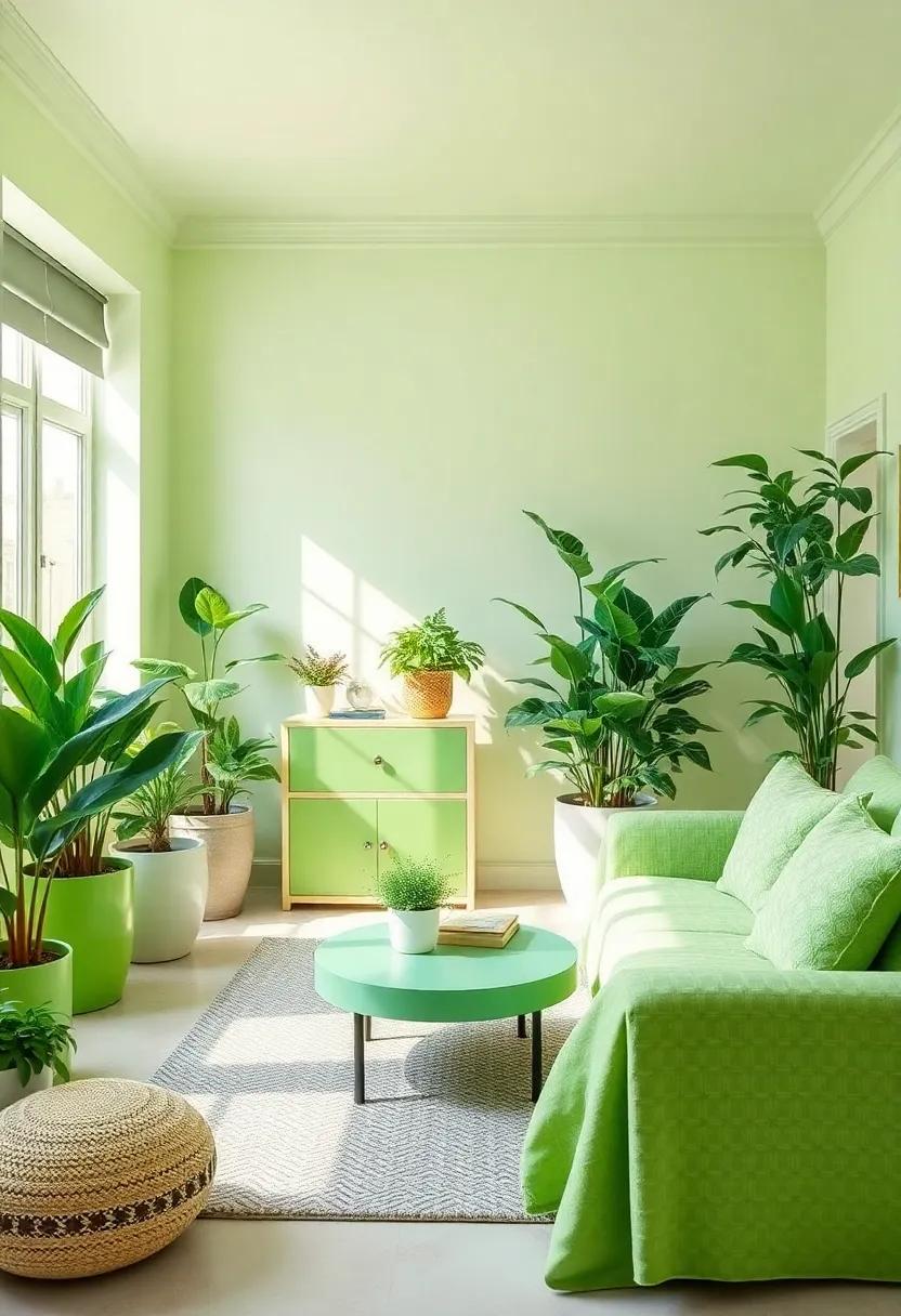 Bright Green Plants for Fresh Air: Incorporate real or faux greenery in light green pots to liven up the room and promote a sense of well-being