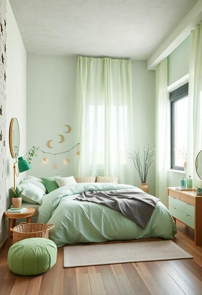 Celestial‌ Theme with Light Green Accents: Pair ‌light‍ green with stars and moon motifs in bedding and decor for a calming celestial vibe