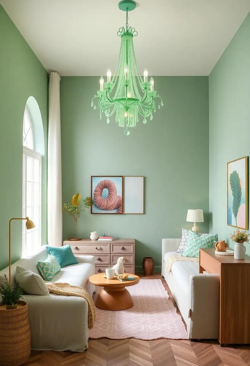 Whimsical Green Chandelier: Opt for a statement chandelier in a light green ⁤hue to serve​ both as a functional light source‌ and a stunning decor piece