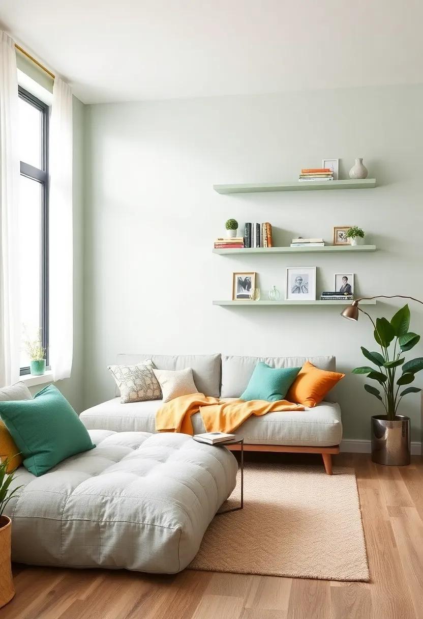 Modern Light Green Wall Shelves: Install ⁤sleek, light green wall⁢ shelves to display books ‌and decor, combining functionality with style