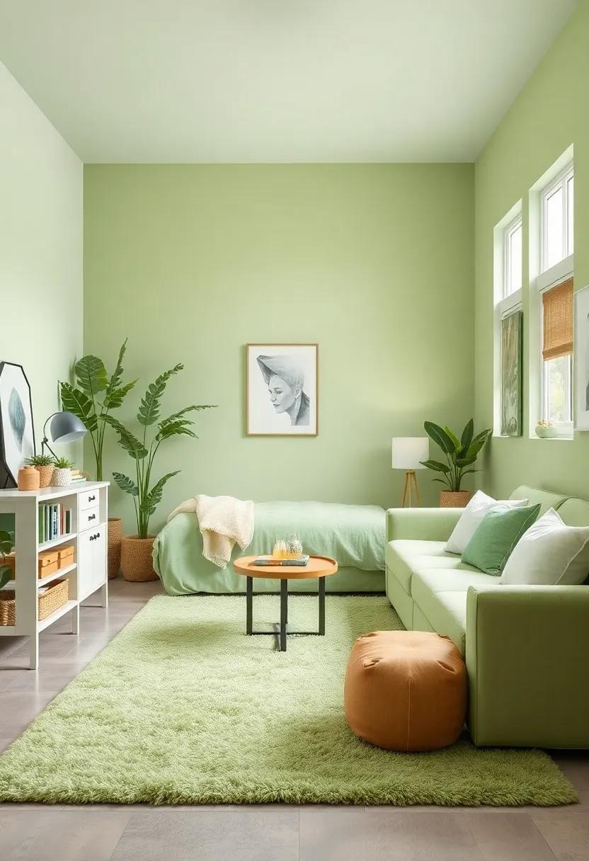 Stylish Light Green Rug: A plush area ‌rug in a soft green hue adds warmth and comfort underfoot while tying the room’s color ‍scheme together