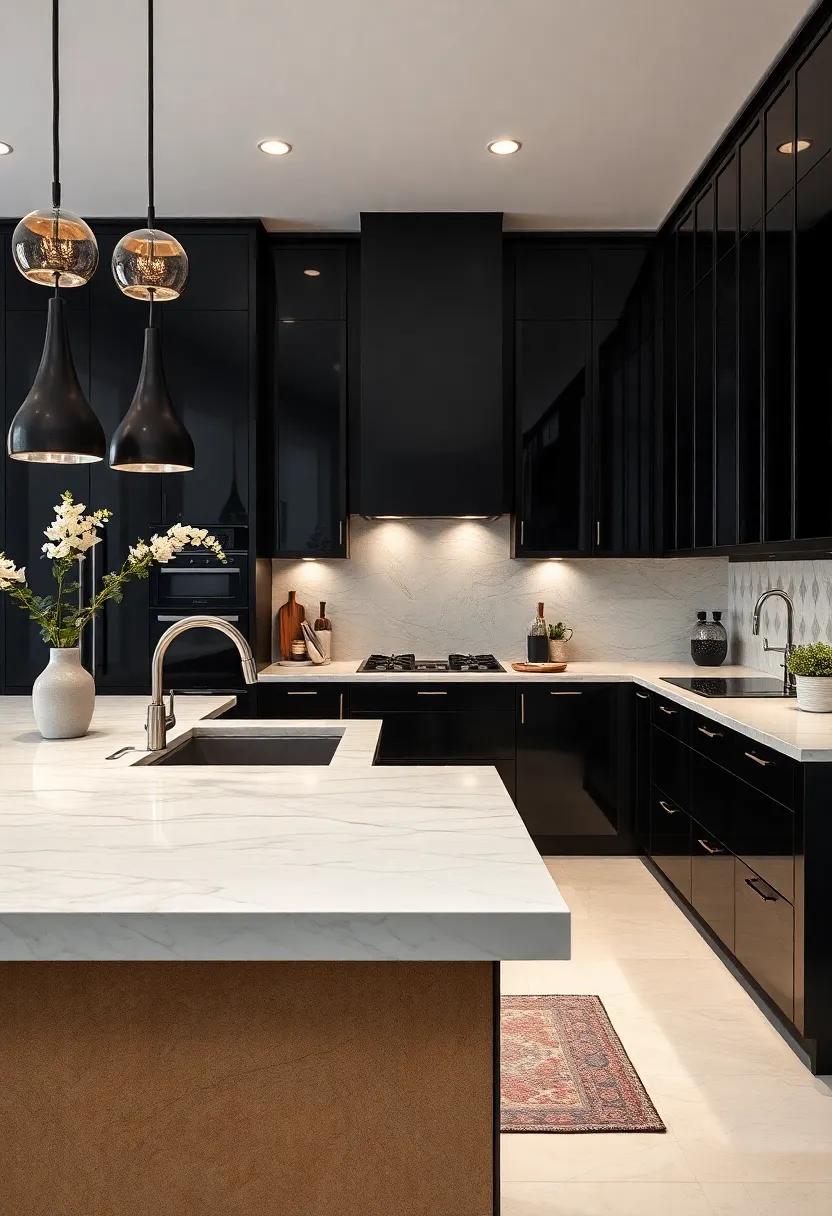 Glossy Black Elegance: Opt for deep black ⁤cabinetry with⁢ a high-shine finish to create a dramatic and sophisticated look ⁤that ​elegantly contrasts ⁤with bright countertops