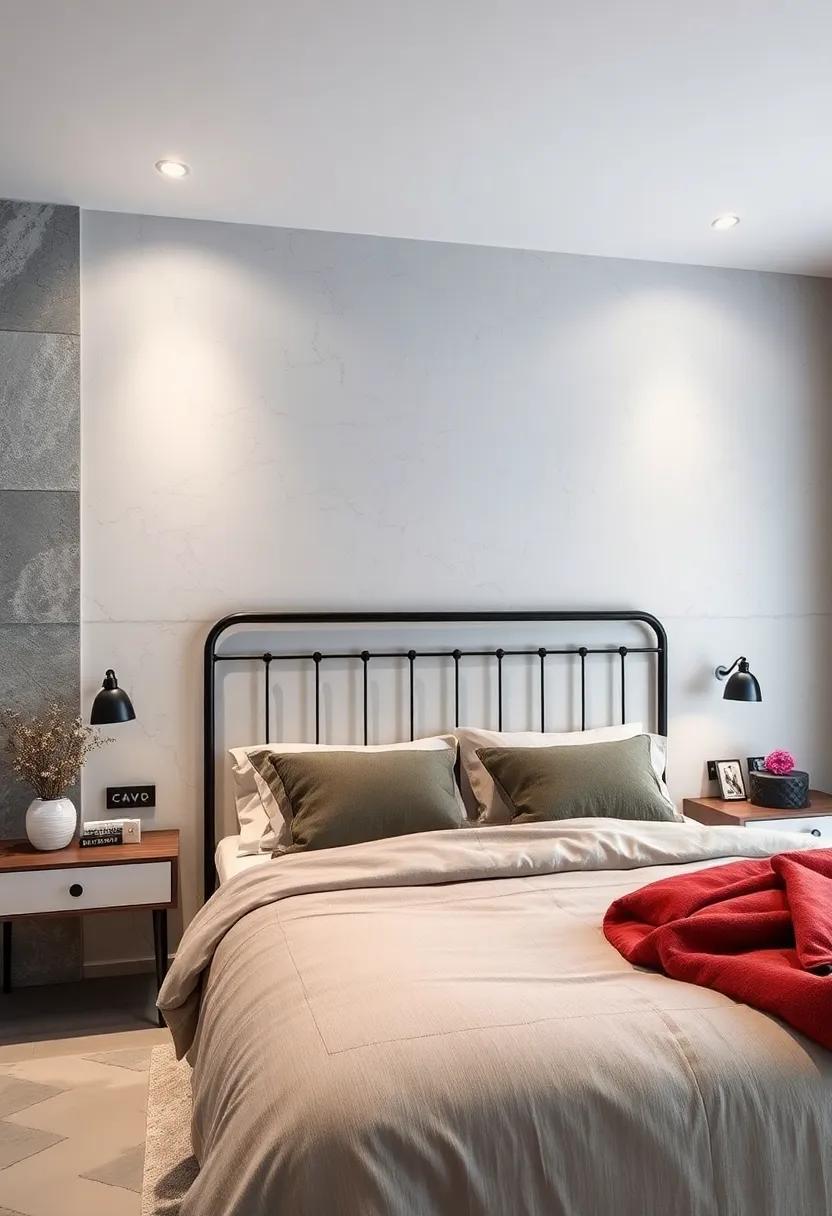 Industrial Chic: A ⁤metal-framed headboard in a <a href=