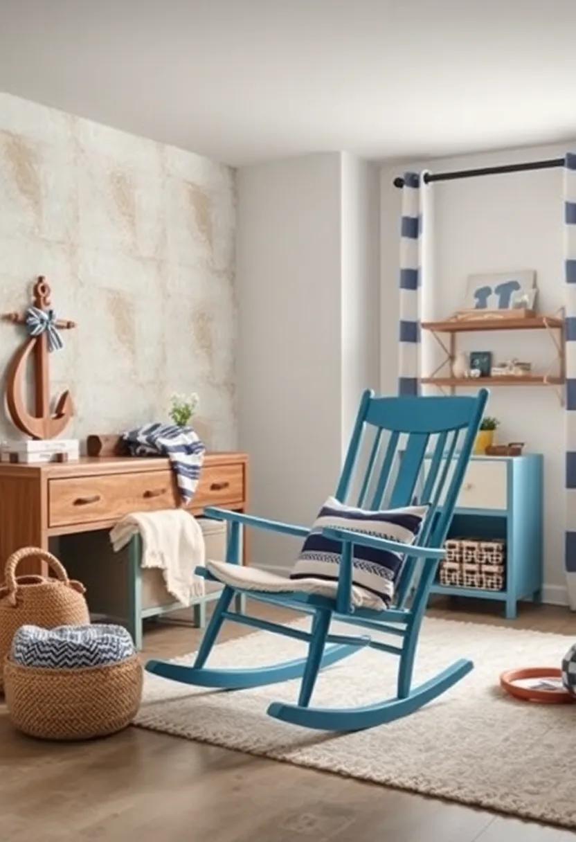 Comfy Rocking Chair: Position a cozy rocking​ chair painted ‍in ‌oceanic hues for soothing moments while ⁤immersed in the nautical theme