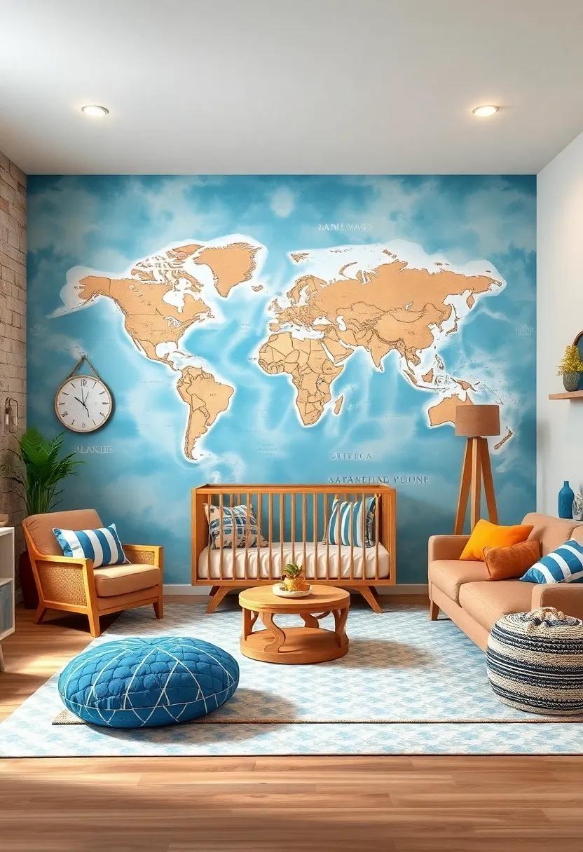 Map Wall Mural: Install ​a map of the world, particularly the oceans, as a mural to spark curiosity about exploration