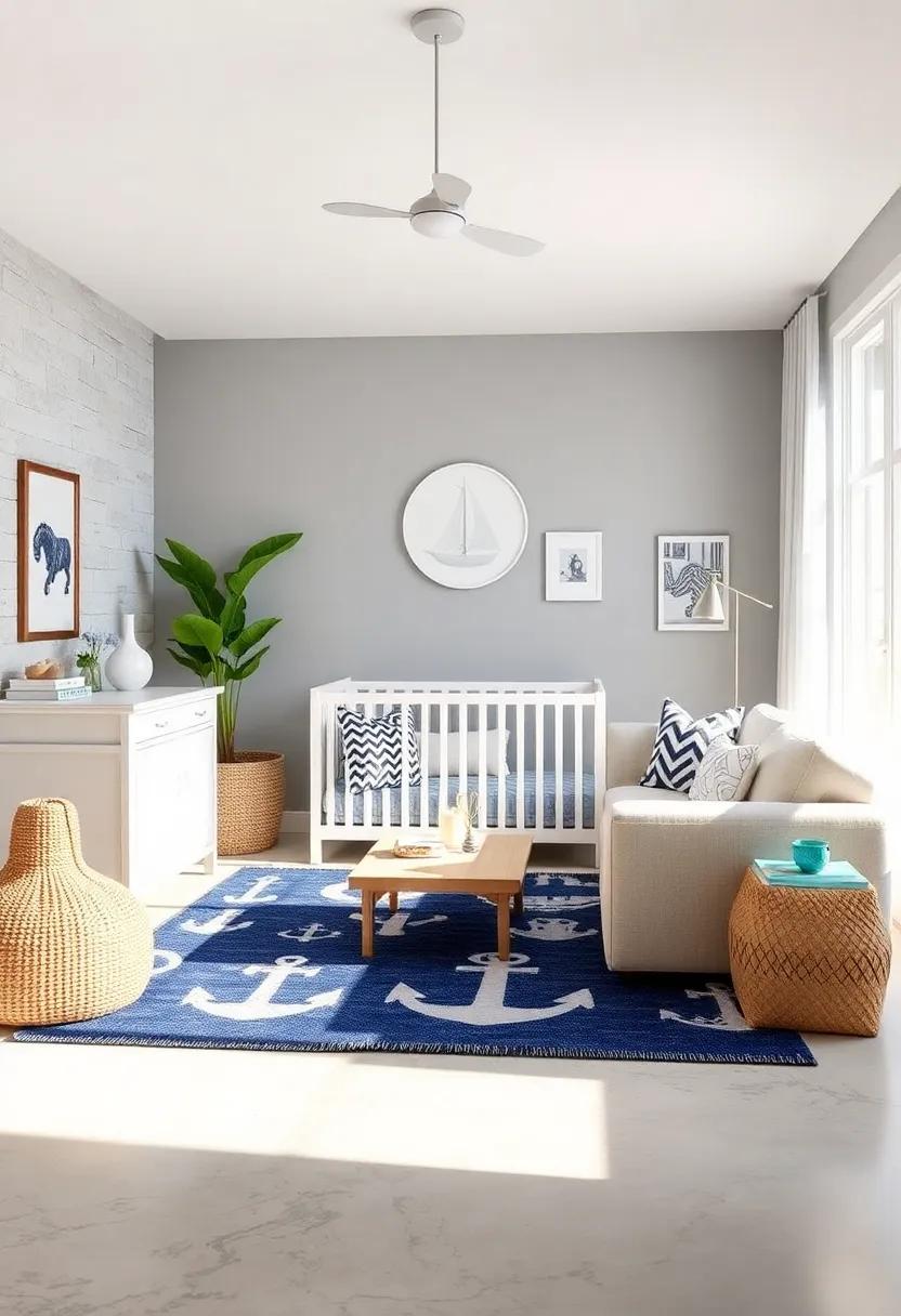 Nautical Rugs: Layer the floor with a soft, nautical-themed area rug that provides comfort and a splash of color