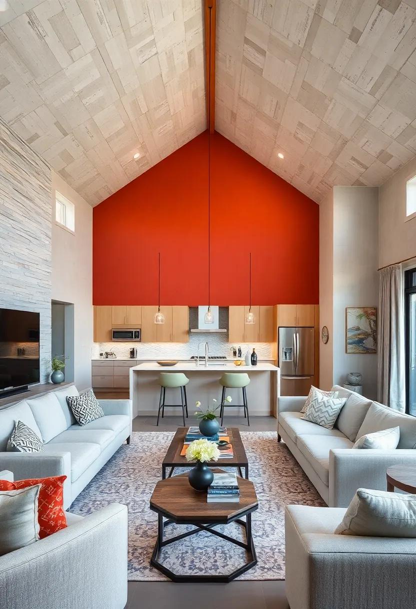 Accent Wall ​Ideas: Create an accent wall with bold paint or wallpaper to inject personality into the​ open space,making it feel more intimate