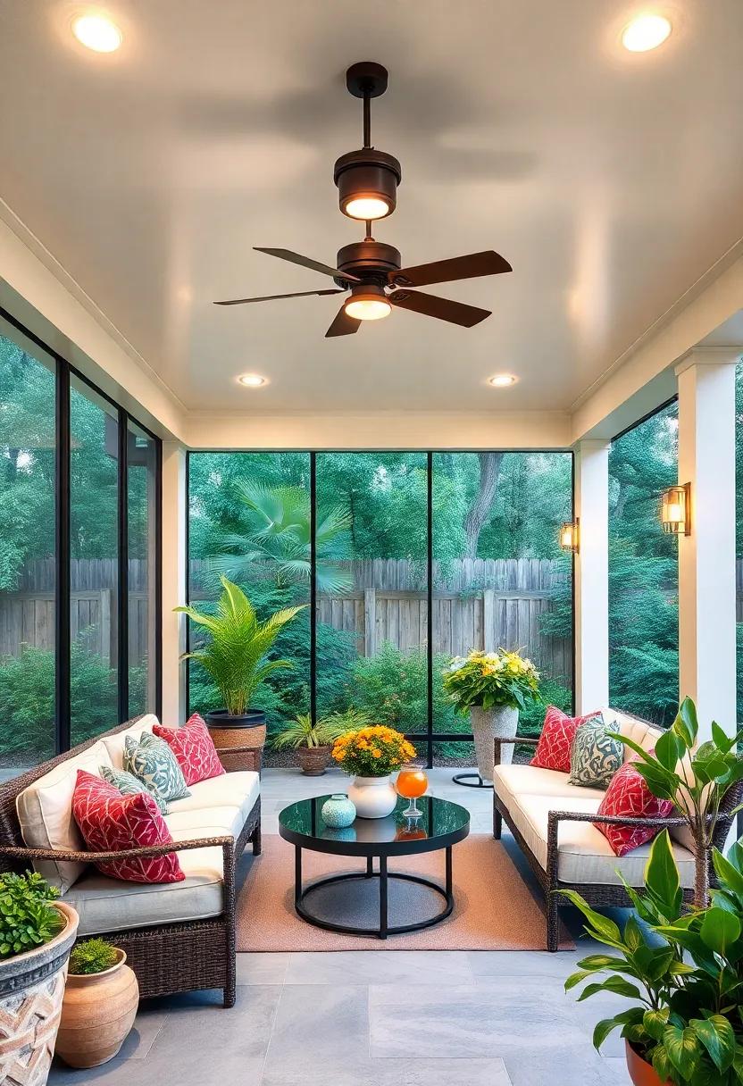 Install a ​ceiling fan⁣ with integrated light fixtures, blending functionality with style while keeping​ your porch‌ cool
