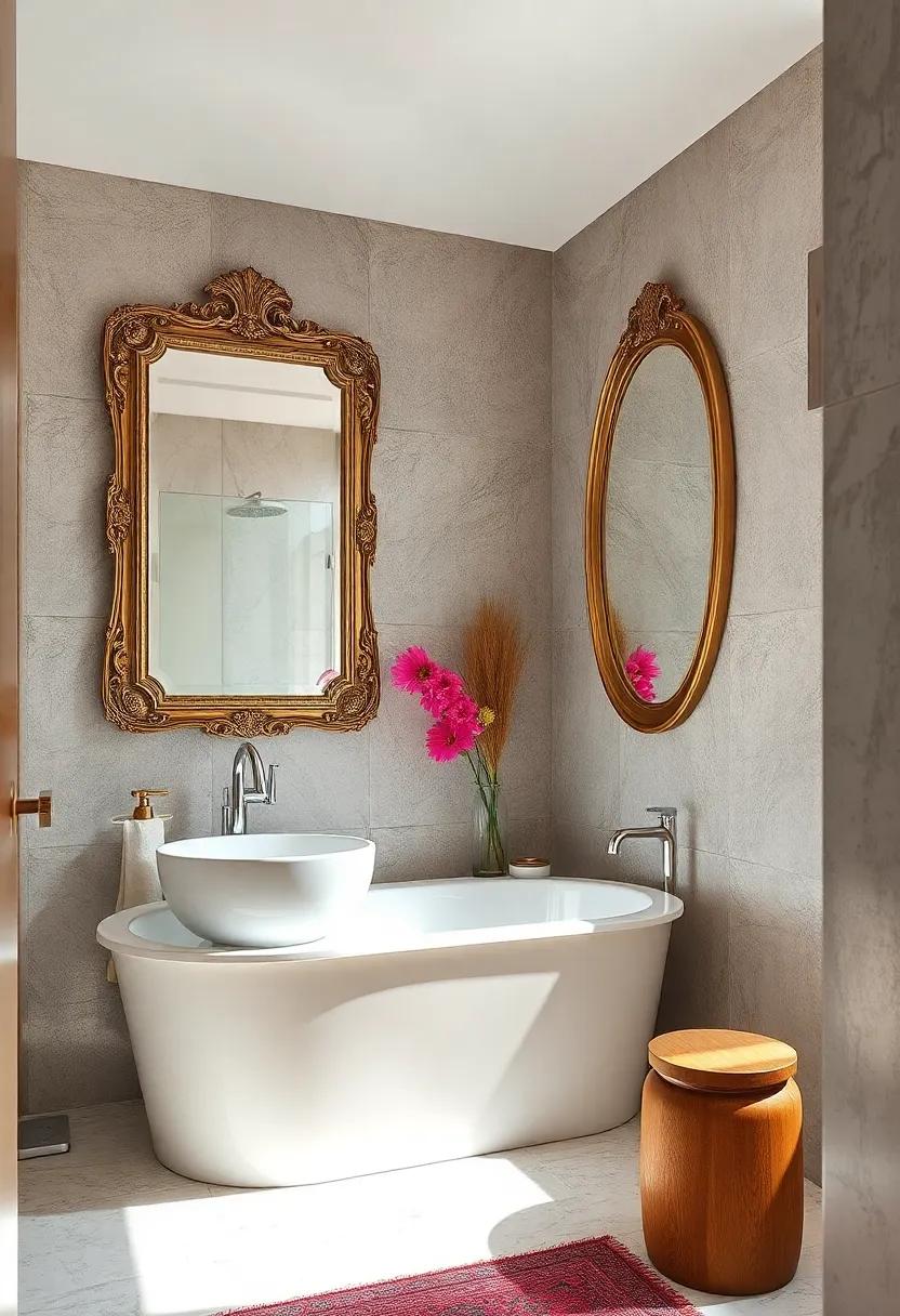 Framed Mirrors: hang ornate or vintage-style framed mirrors to enhance the retro vibe and create a sense of depth