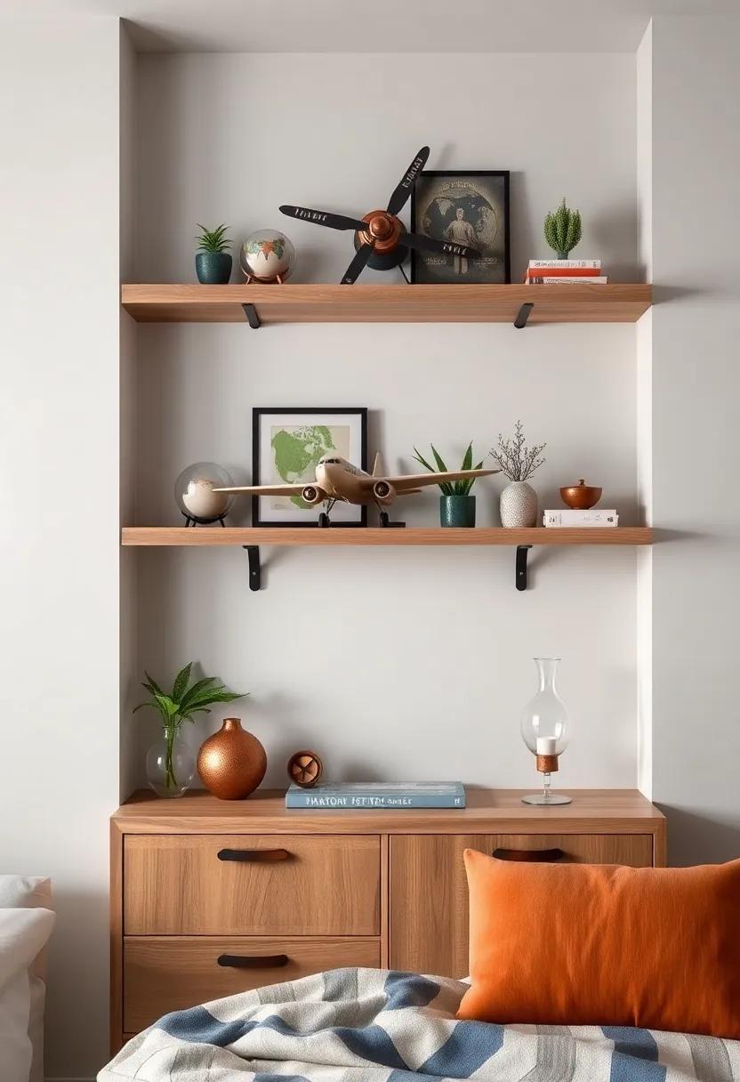 Airplane Propeller Decor: ‍Incorporate a vintage airplane propeller or model into your shelf decor for an aviation-themed travel touch