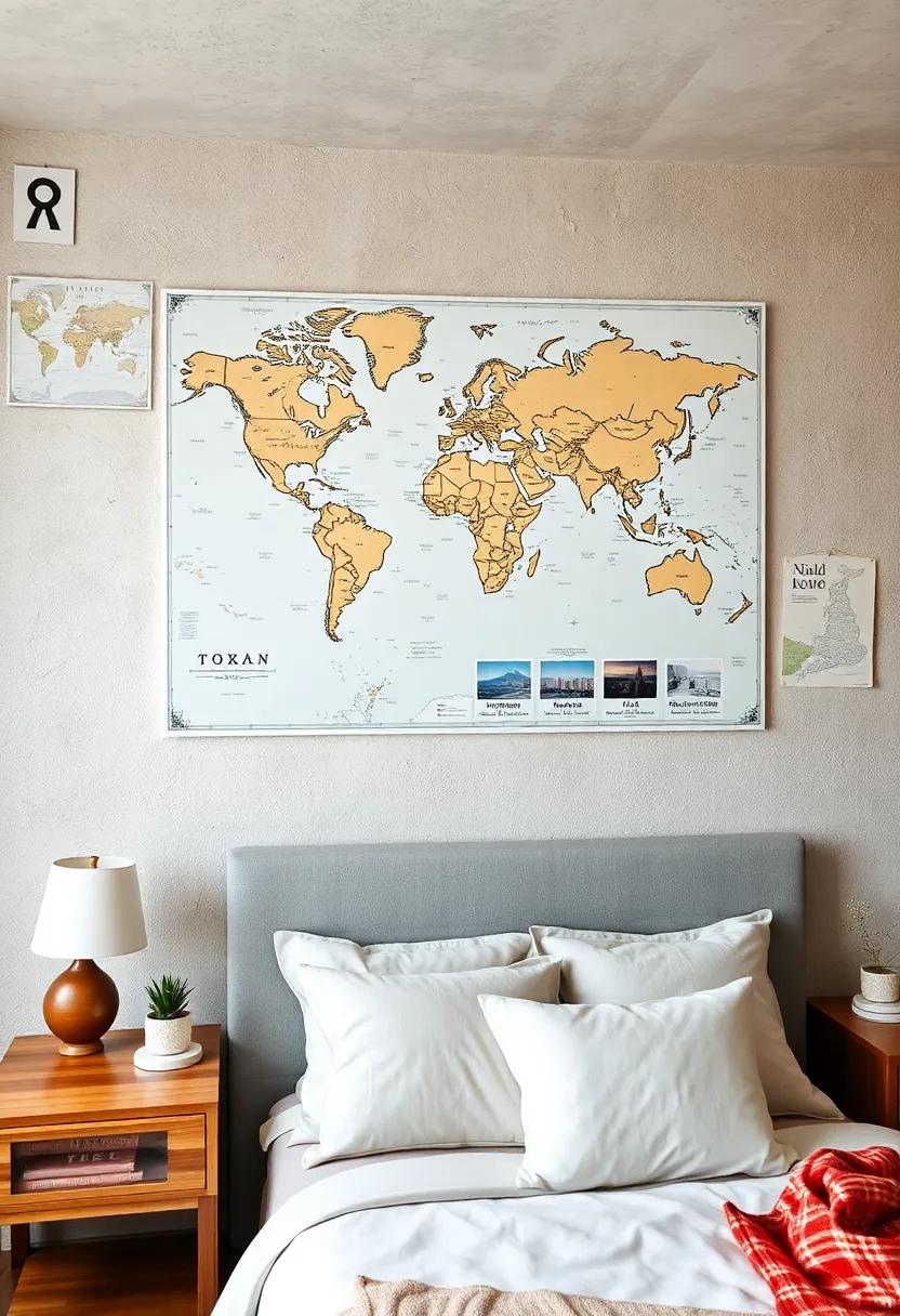 Map Art Print:⁣ Hang⁢ a large, artistic world map above the shelf where you ‌can pin or attach travel photos ​of your ⁣adventures