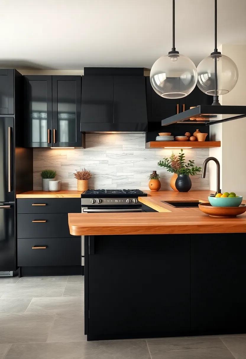 Embrace Elegance: Discover how⁣ glossy ⁤black cabinets paired with warm butcher block⁢ countertops can ⁢transform ‍your ​kitchen into a modern masterpiece