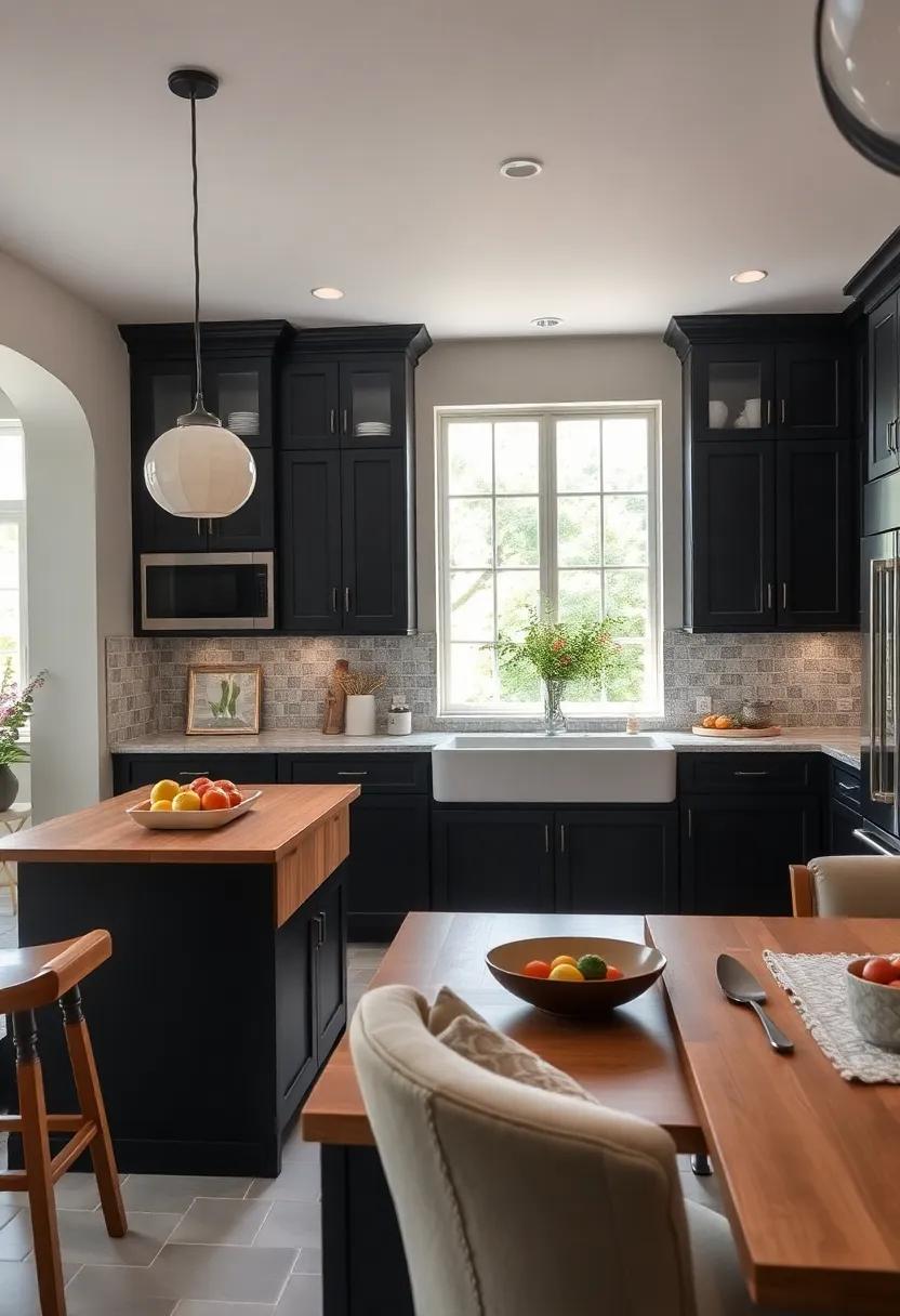 Functional Workstations: Discover how integrating butcher block sections into black cabinetry can provide ideal workstations ⁣for meal⁤ prep