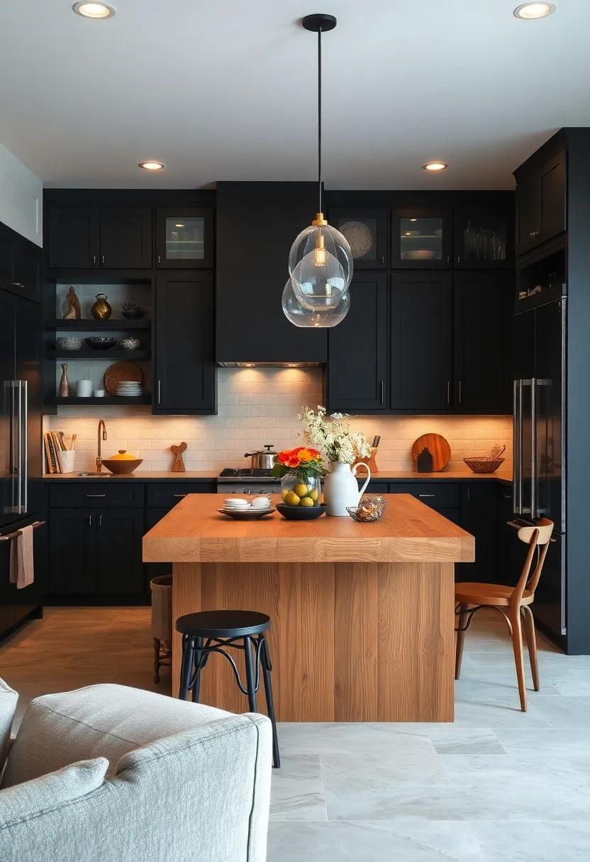 statement⁤ Lighting: Explore how pendant lighting over⁤ a butcher block‌ island ⁤can brighten a dark kitchen with black cabinets