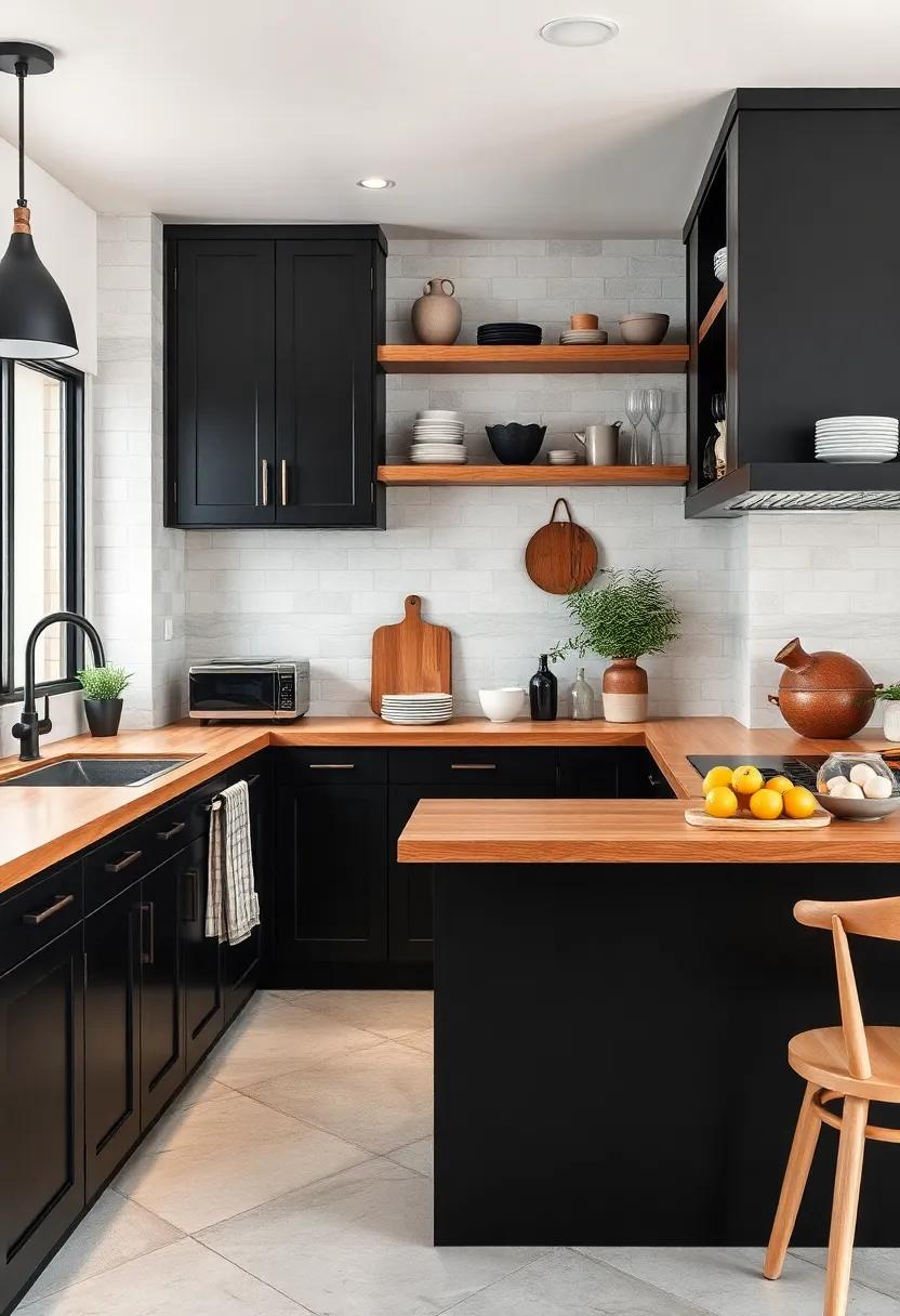 Open ​Shelving Accents: Explore ​the harmony ⁤of⁤ black cabinets,butcher block countertops,and open shelving for easy access and display of your favorite kitchenware
