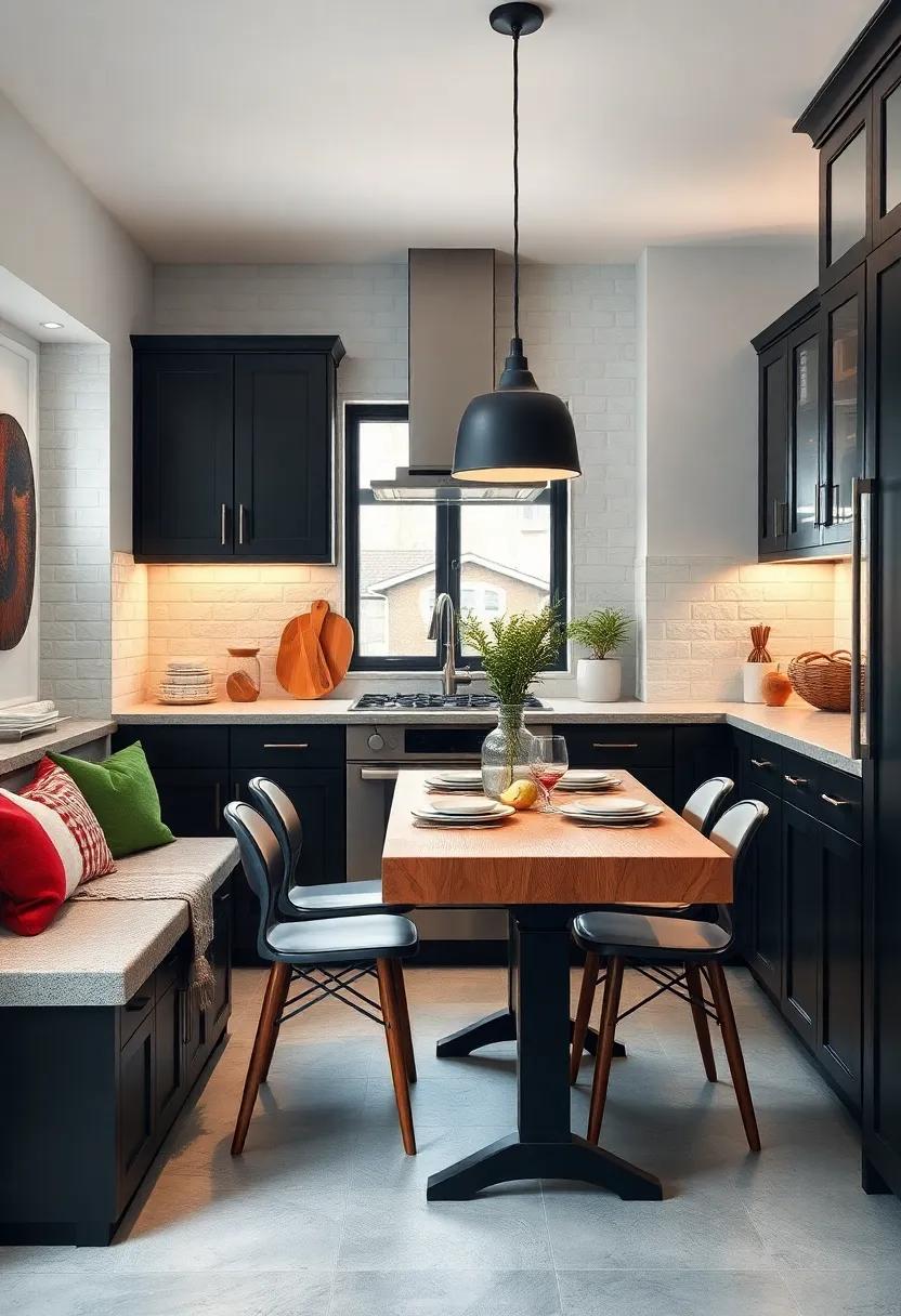 Cozy Breakfast Nook: Explore the charm of incorporating a butcher block ​dining‍ table alongside black cabinets for an inviting ​breakfast nook
