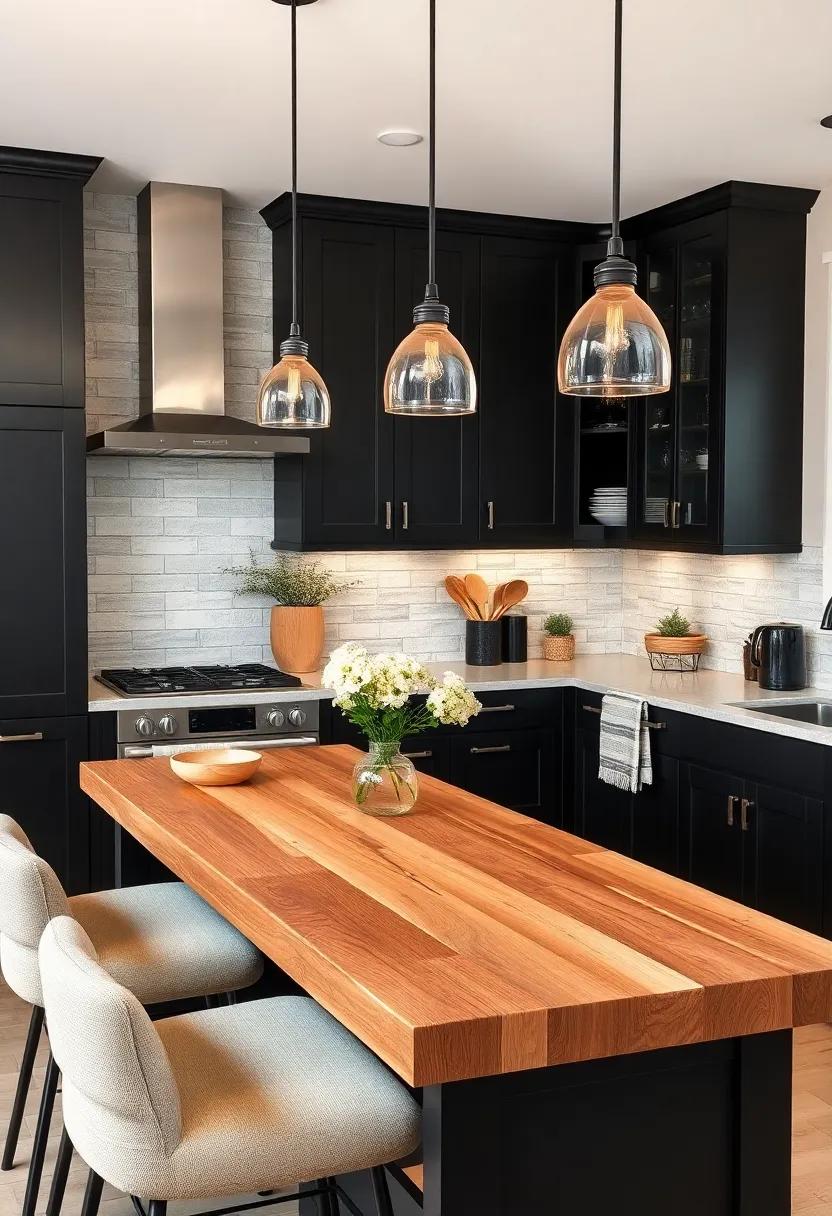 Rustic Charm: Explore the‌ delightful contrast of matte black cabinetry and a reclaimed wood butcher block that adds a touch of rustic warmth