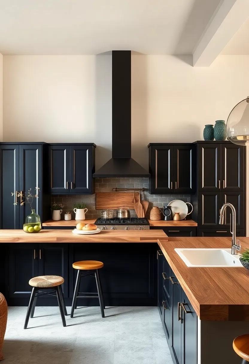 Family-Friendly Function: See how durable black cabinetry paired with a butcher block surface can withstand the wear and tear of a busy family kitchen