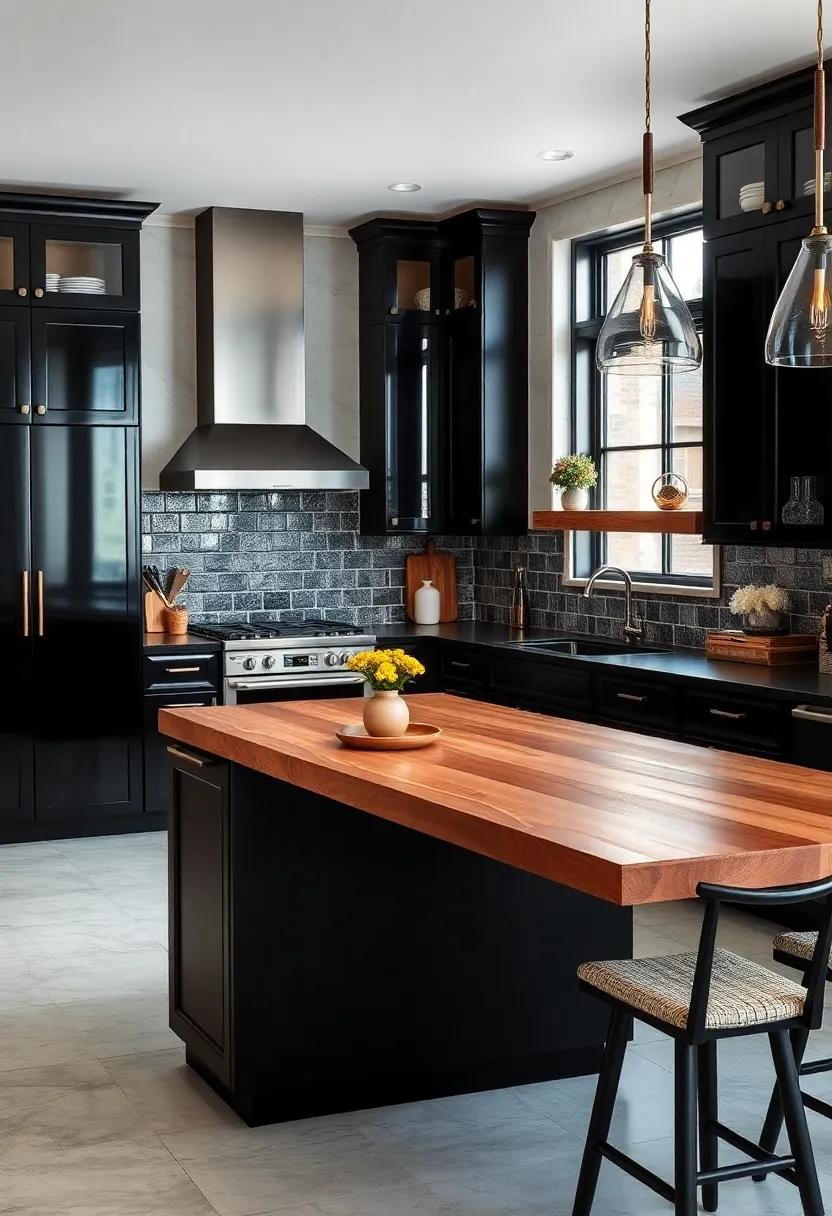 Bold and Beautiful: Get inspired by a dramatic design featuring high-gloss⁢ black ‌cabinets and a⁤ thick butcher ⁣block island that commands attention