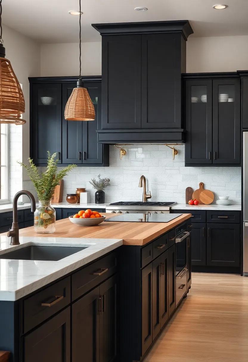 Personal Touch: Find ways to ​add personal flair through custom butcher block designs and unique hardware against black cabinets for a truly personalized kitchen