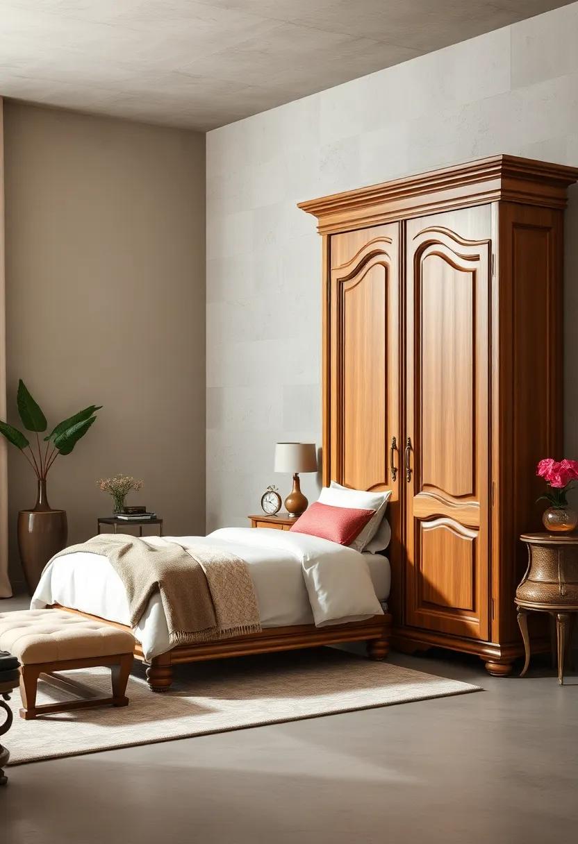 Antique Armoire: A beautifully crafted armoire provides both storage‌ and a statement ‌piece,⁢ perfect ⁢for hiding away linens ‍and clothes