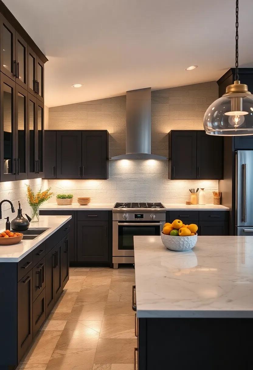 Light It Up: Illuminate your kitchen by incorporating under-cabinet lighting,which highlights the depth of dark grey cabinets and adds ambiance