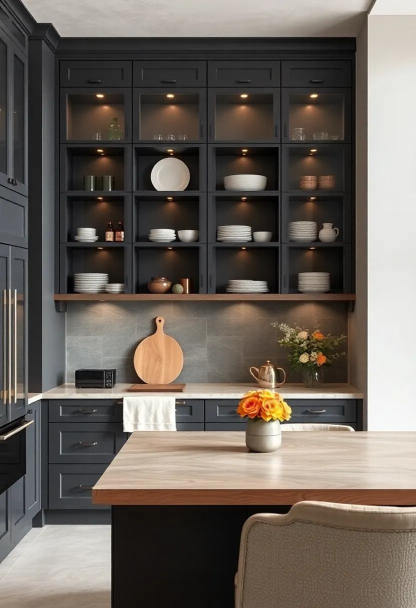 Showcase‌ Open Shelving: ⁢Use glass or open shelving with dark grey cabinets ‍to display ⁤beautiful dishware and add​ a touch ​of openness to the space