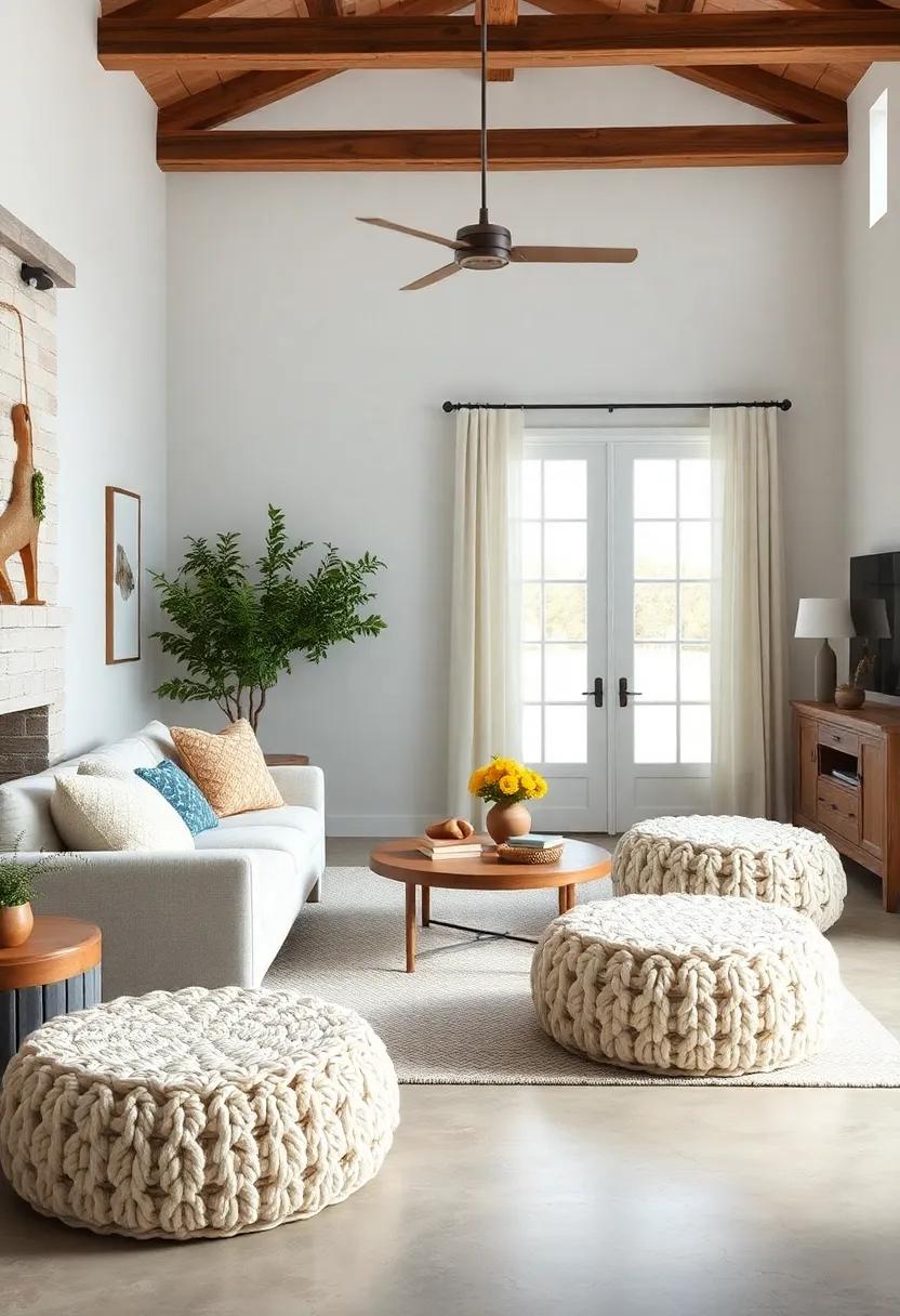 Cozy Knit ​poufs: Incorporate cozy knit poufs ​for flexible seating or ​as footrests, enhancing comfort and encouraging relaxation in your living area