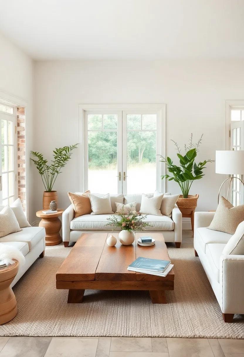 Natural Wood Coffee Table: Incorporate a rustic, natural wood​ coffee table that contrasts beautifully ⁤with the ‍ivory upholstery, bringing a touch of the outdoors inside