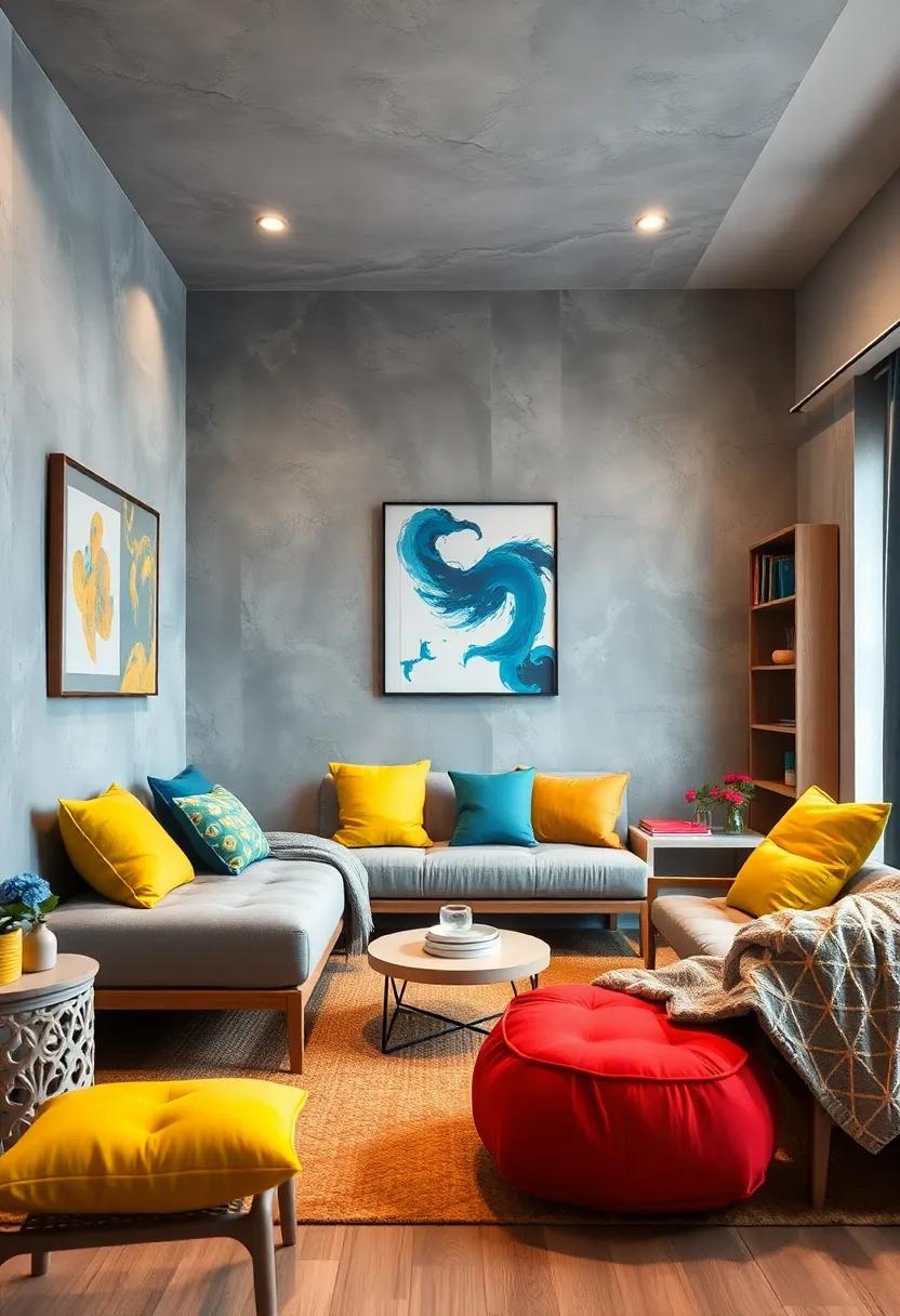 Accent Colors: Introduce pops of color ⁢through ‌accessories, such as bright blue or yellow cushions, to create ⁢a lively contrast against the grey backdrop