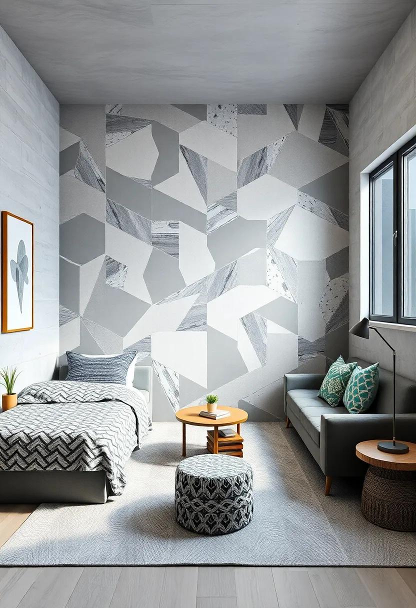 Geometric Patterns: Use geometric wallpaper or decals in‍ various shades of grey to create a trendy and youthful atmosphere