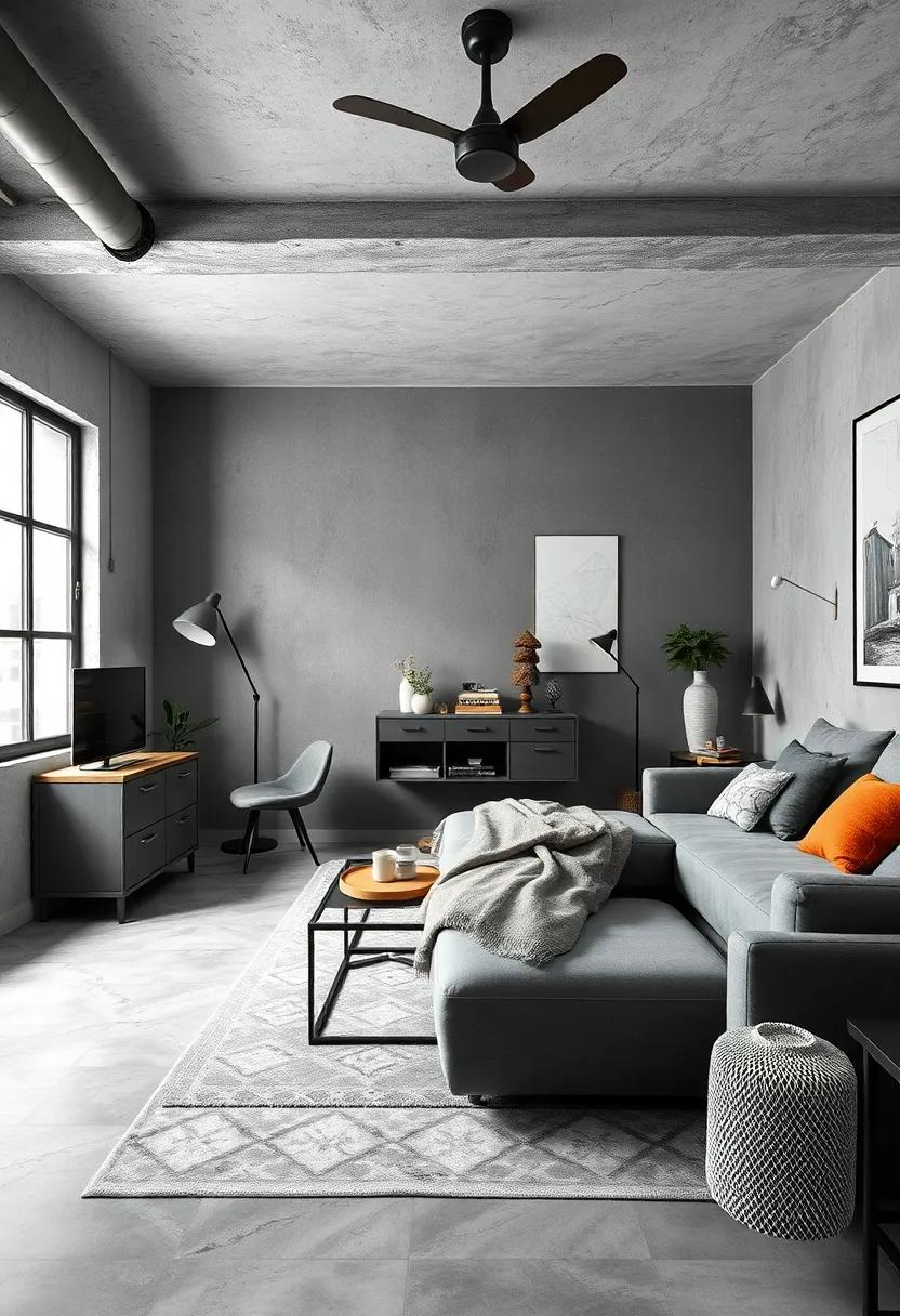 Industrial Style Elements: Incorporate metal furniture or decor pieces that complement the grey tones and enhance an urban, industrial vibe