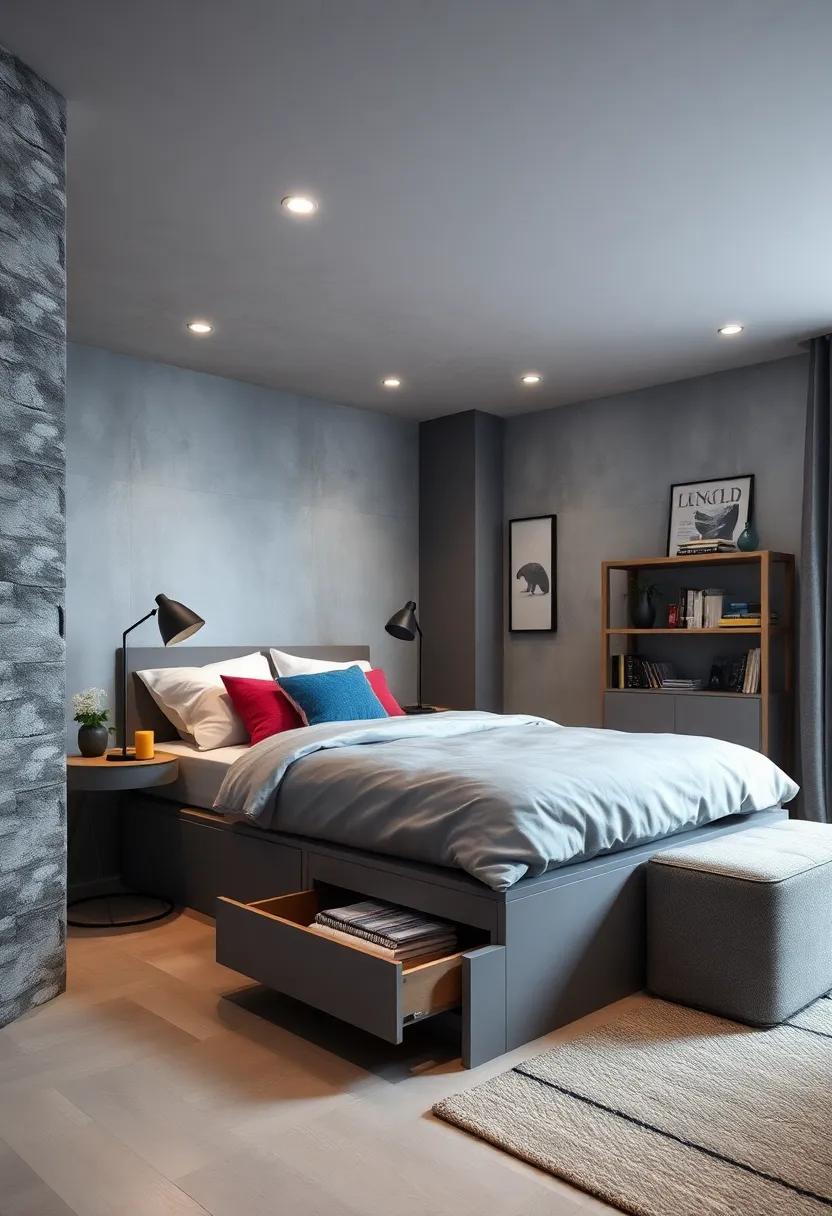 Underbed‌ Storage: Make use of space by incorporating grey storage drawers under ​the bed, combining style with practicality