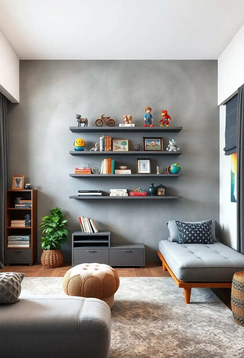 Wall Mounted Shelves:⁤ Use ⁢floating grey shelves to showcase toys, books, and collectibles ‍without⁣ taking up​ floor space