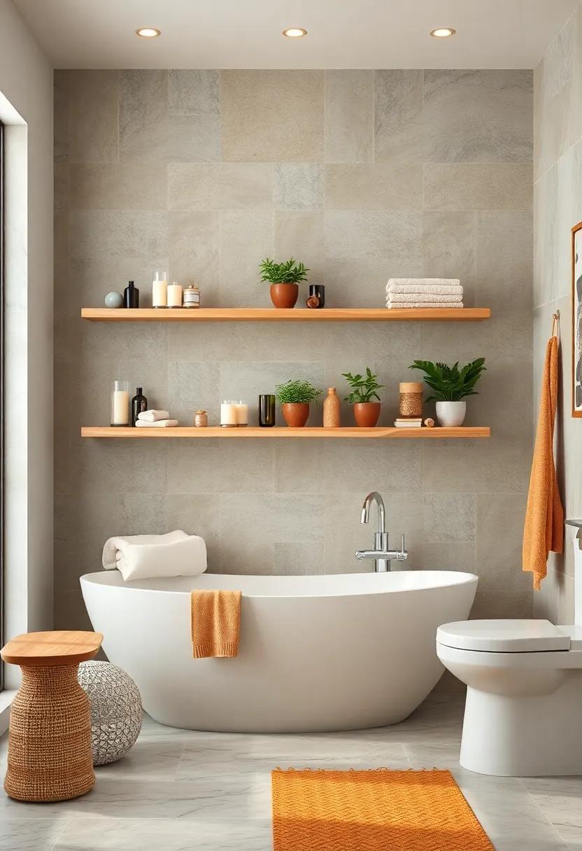 Open Shelving Displays: Open shelves allow for decorative displays of candles, plants, and towels, inviting warmth and personality