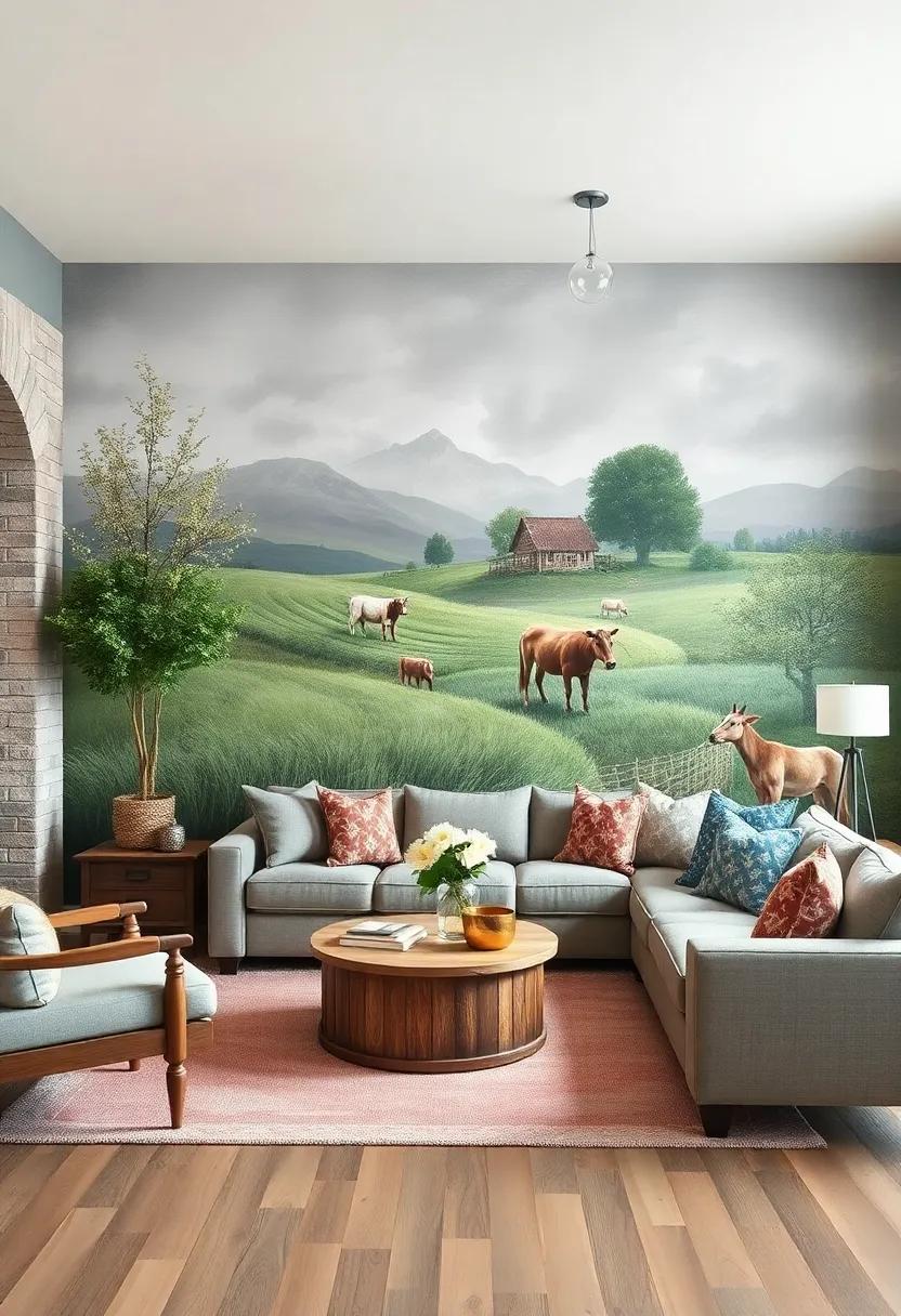 Chalk paint murals:‍ Transform a blank wall⁢ with ⁣elegant chalk paint murals featuring pastoral‌ scenes, ⁢adding an artistic storytelling element to ​your living room