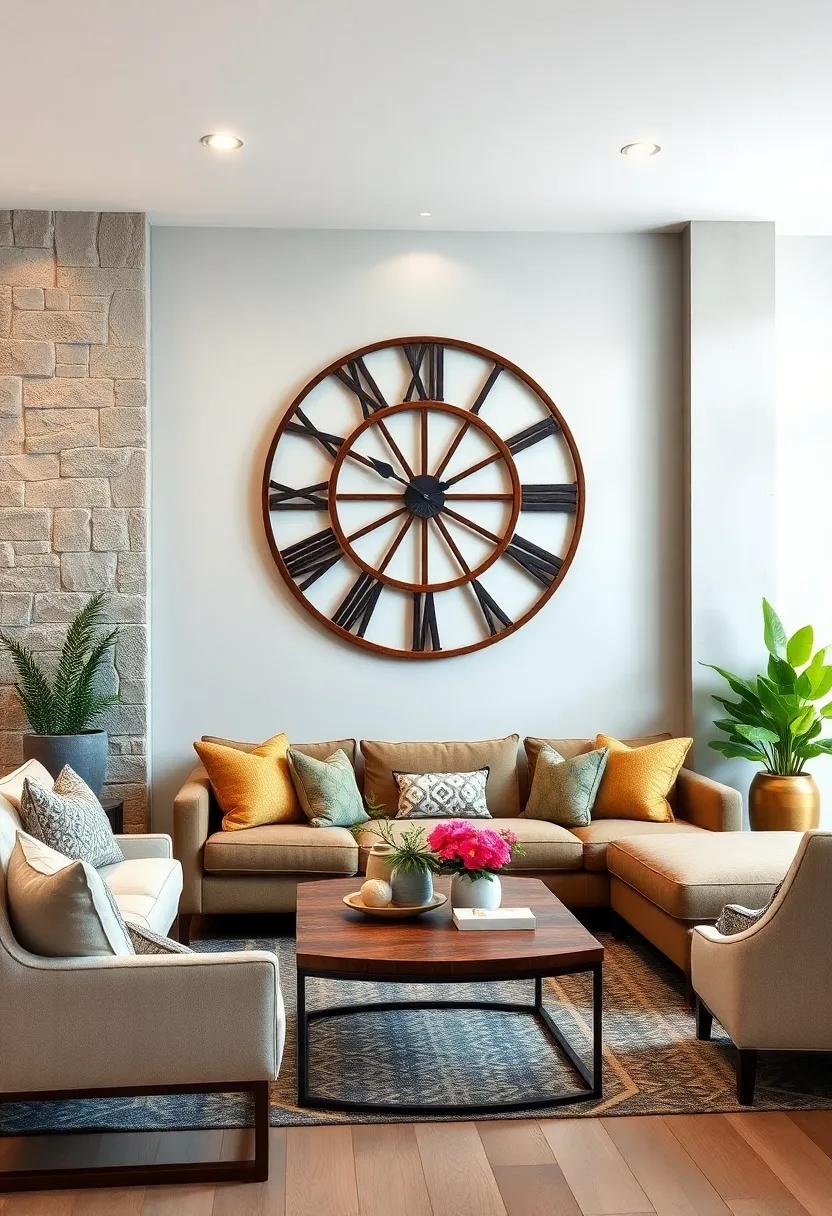 Statement clock:⁢ Find a large, rustic wall clock⁢ that ⁣serves as both​ a functional ‍and⁢ decorative piece, ​enhancing the farmhouse ⁣vibe of your living room