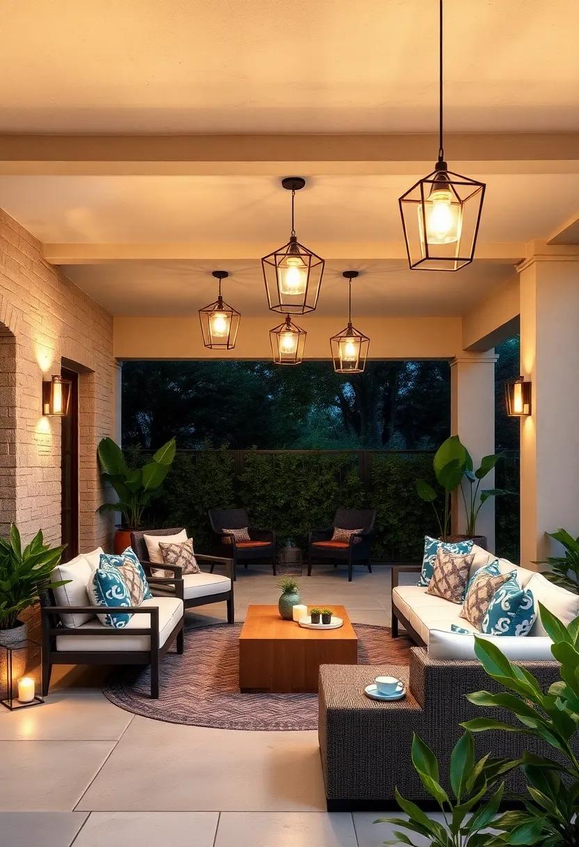 Geometric Pendant Lights: Choose geometric pendant lights for a contemporary touch that adds an artistic flair to your outdoor lounge area