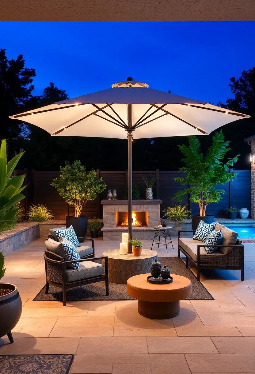 Umbrella Lights: Add lights to your patio umbrella for a multifunctional piece that combines shade during the day with soft lighting at night