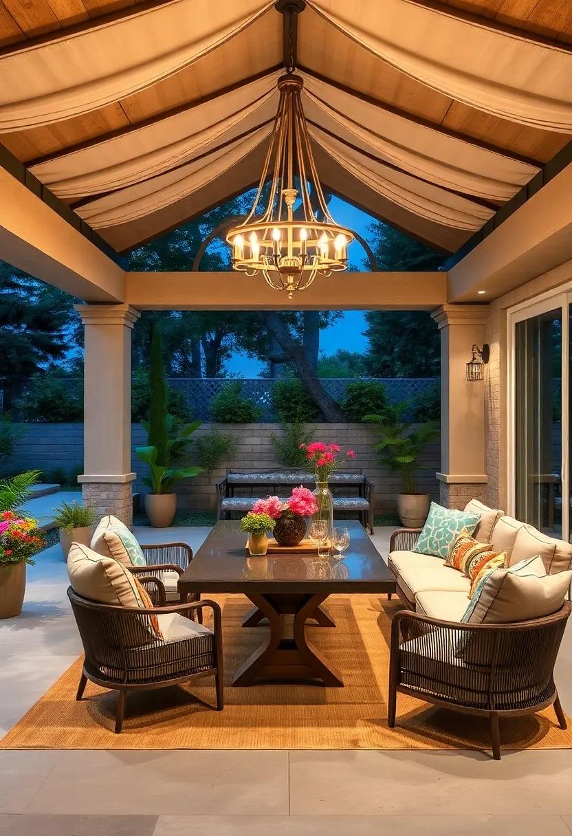 Chic Chandeliers: Transform your outdoor space into an elegant dining area with a striking chandelier that adds a touch of glamour to your patio