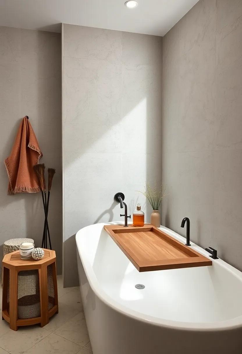 Simple Bath Tray: Style your bathtub with a plain wooden or metal tray to hold essentials neatly without excessive decoration