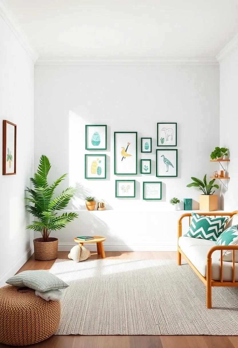Art Corner: Dedicate a wall for ​displaying ⁤your child’s artwork with green frames⁢ against a ‌white wall, ⁢fostering creativity early on