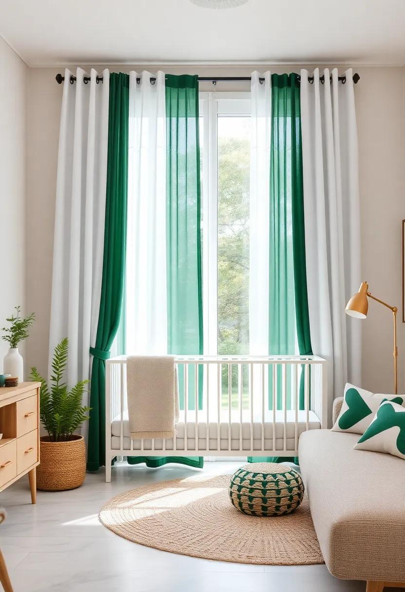 layered Curtains:⁢ Hang layered⁤ curtains ⁢in ‍sheer white⁣ and deep green to soft-filter incoming light,⁣ creating ‍a serene atmosphere