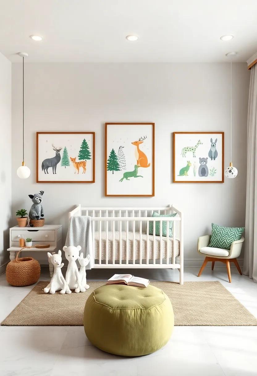Playful Animal ⁢Art: Frame whimsical illustrations ⁢of forest‍ animals in various shades of green and white to‌ enliven the ‍walls
