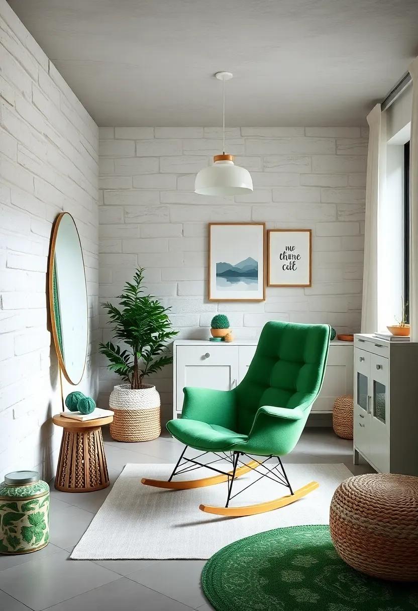 Nursery Rocker: invest in a comfortable rocking chair upholstered‌ in soft green fabric, perfect‌ for those late-night feedings ⁤and cuddles
