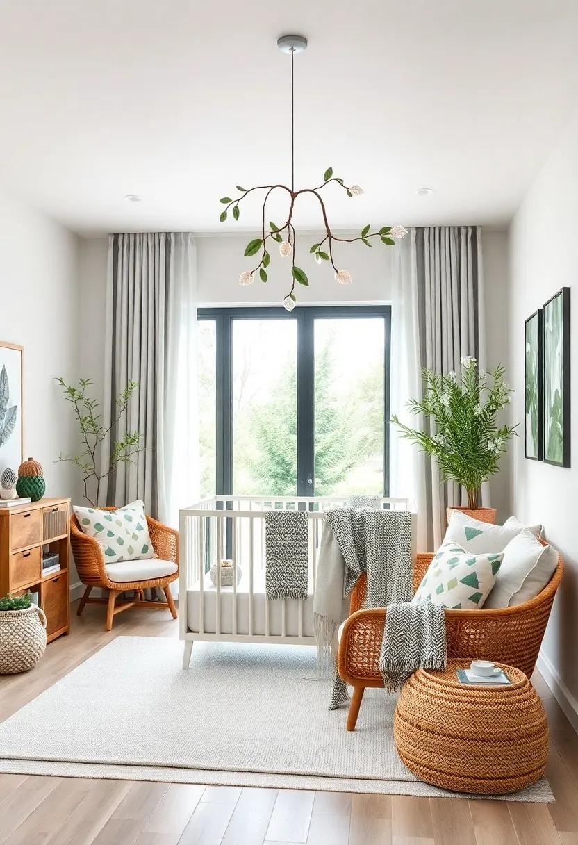 Nature-Inspired ​Mobile: Hang ⁣a mobile with leaves and tree ⁤branches in soft⁤ white and green colors, adding a gentle, nature-loving vibe to the nursery