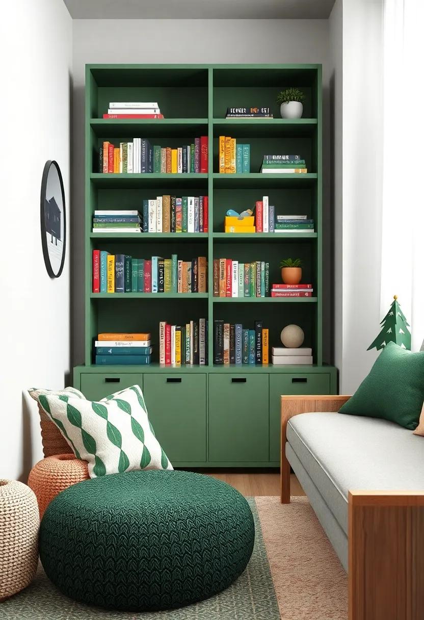 Themed bookshelf: Organize‌ books by‍ size or color in ‌a stylish⁢ green bookshelf, encouraging⁣ reading⁣ while keeping the room‌ tidy