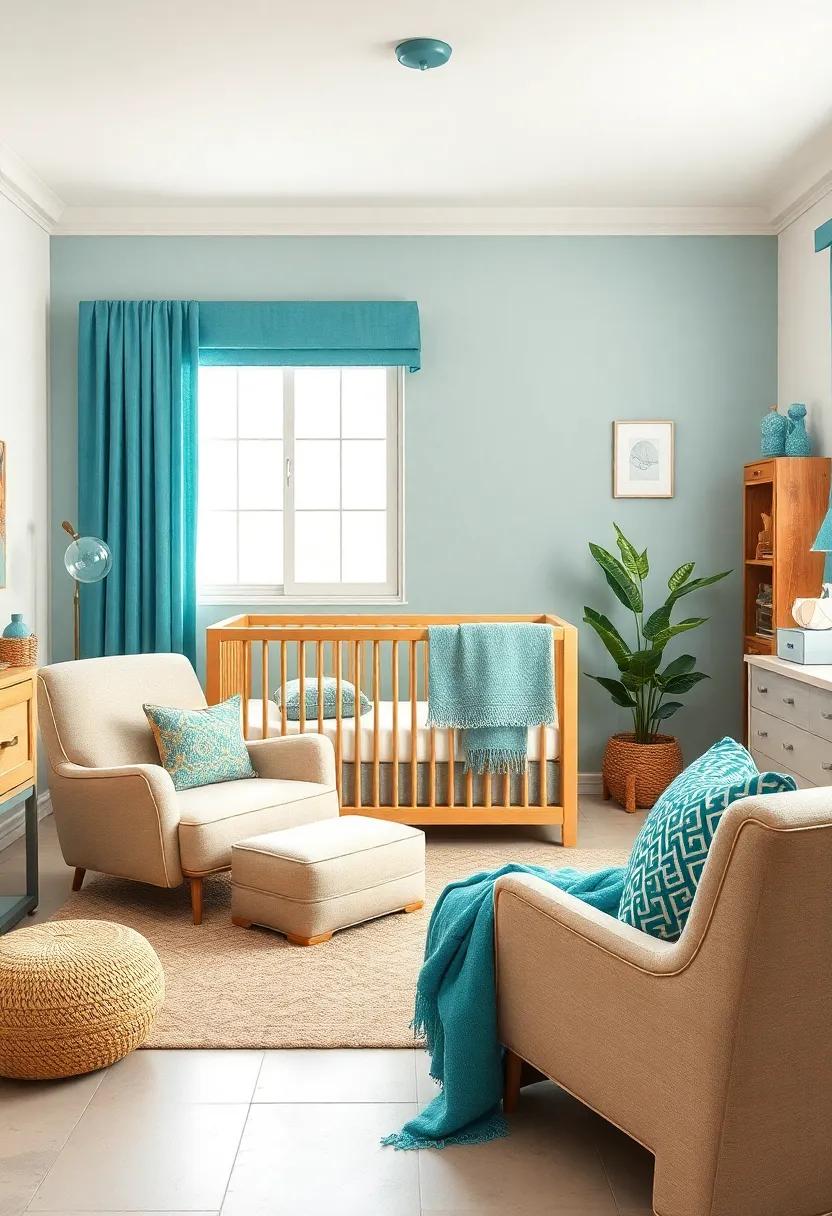 Beige Basics: ‌Invest in a soft beige armchair or ottoman that offers a neutral balance to ​the bolder teal elements, perfect for parents' comfort
