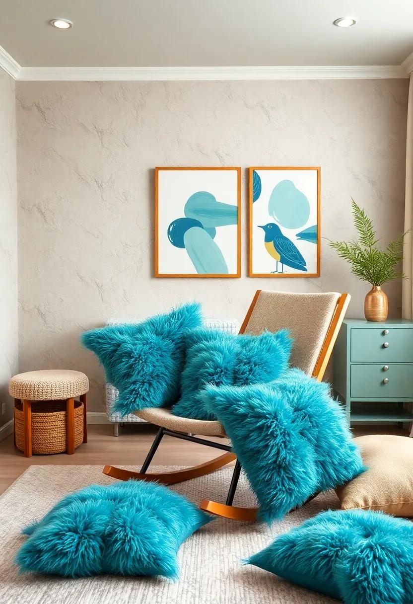 Fluffy Teal Pillows: Scatter fluffy teal pillows on the‍ rocking ​chair or floor for added comfort during playtime or relaxation